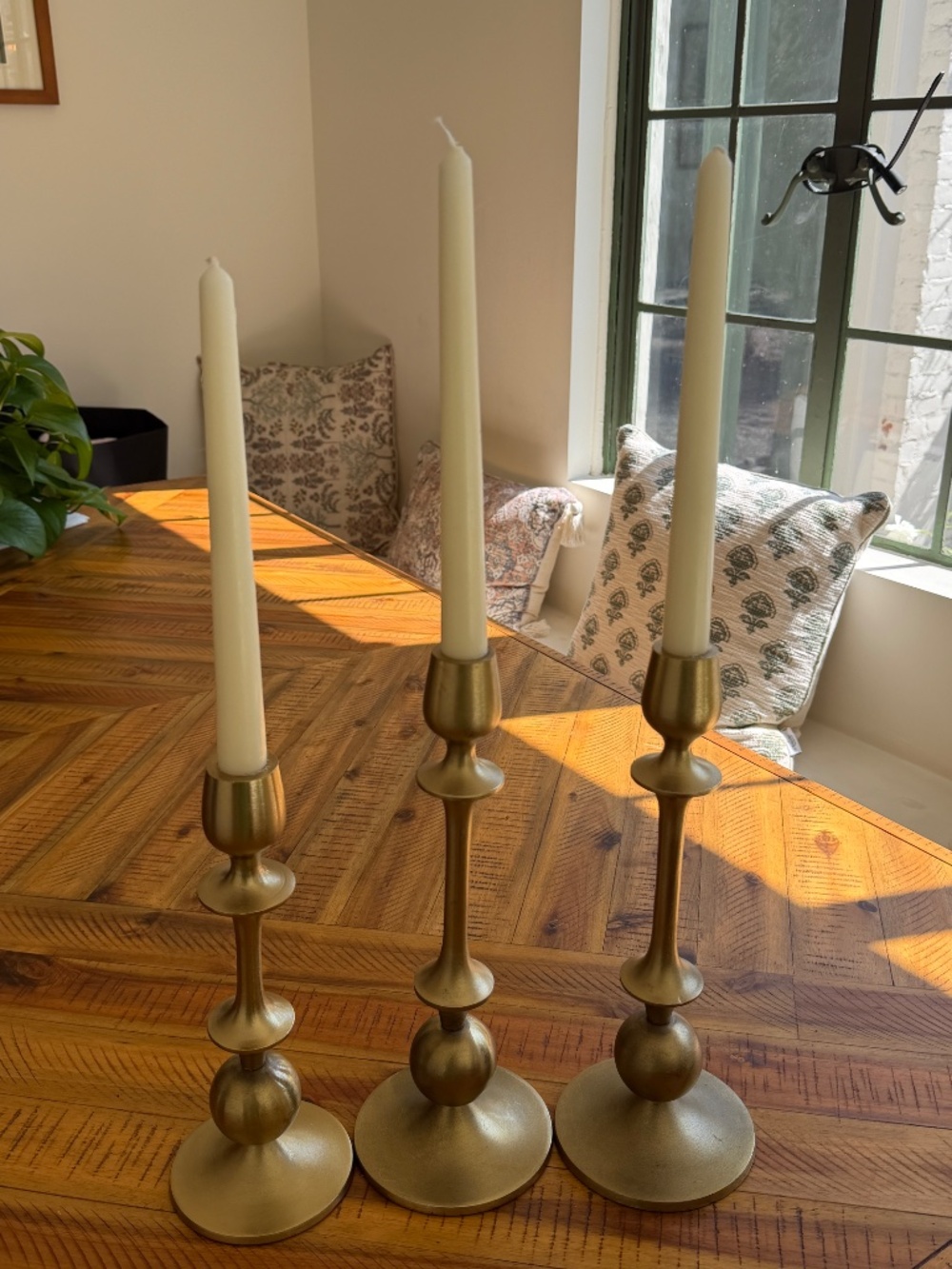Brushed Brass Gold Taper Candle Holders - Set of 3